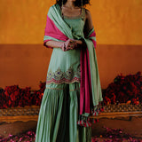 DAHLIA KURTA SHARARA DUPATTA SET - MINT GREEN